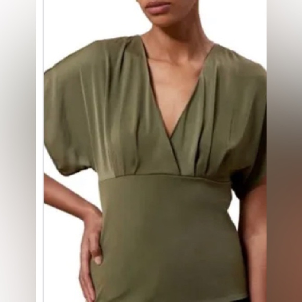 Banana Republic Olive Green Open Back Low Cut Top/Mixed Media Satin/Jersey Sz. M